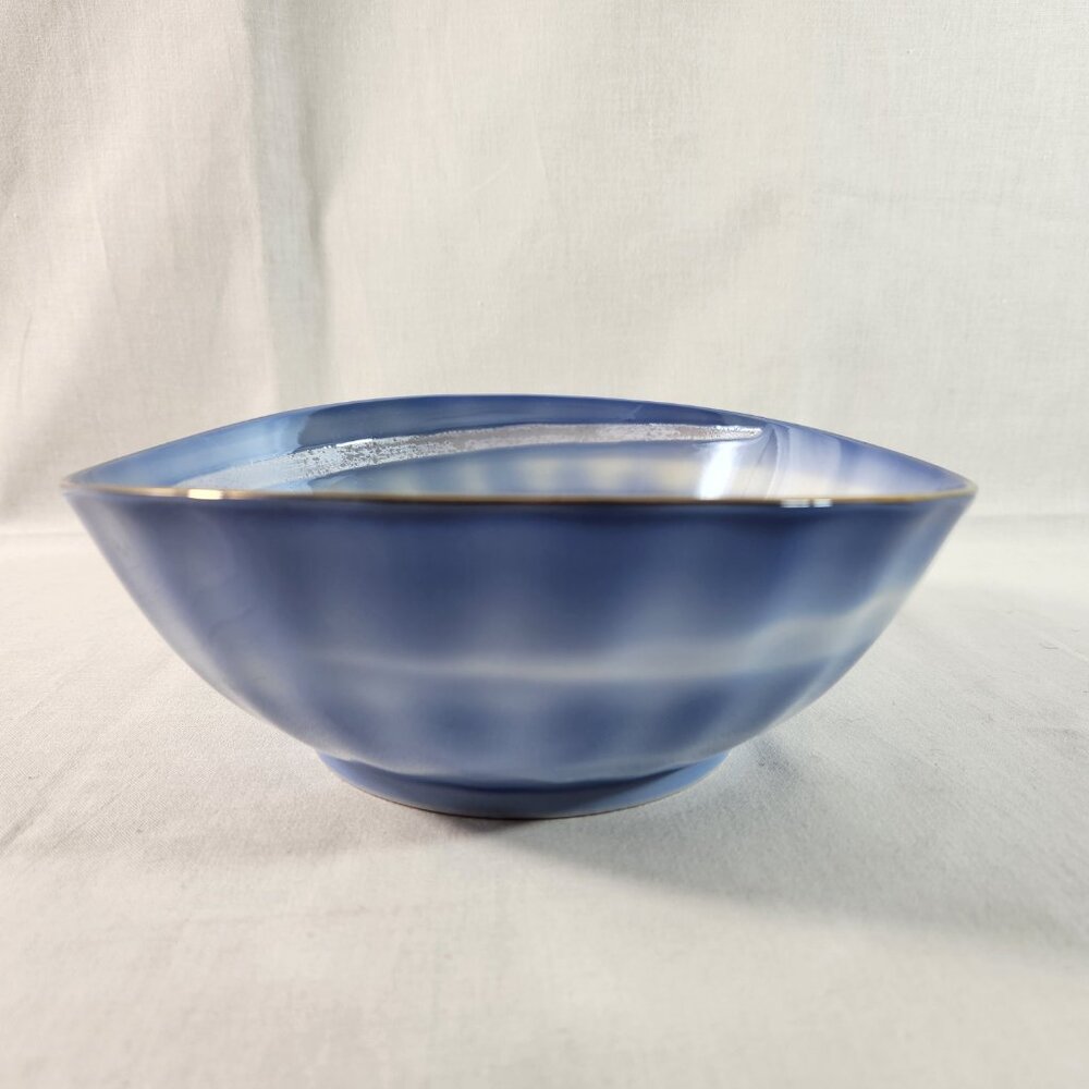 Japanese Ceramic Swirl Bowl Blue White Elongated Edge * Footed Shiny Inner Base - Picture 7 of 16